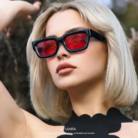 ⚡Men A-black/Red Fashion Thick Square Shades Rectangle Designer SunGlasses - Picture 3 of 7